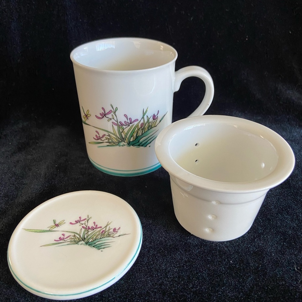 Wanlangtang Ceramics Tea Cup Coffee Mug with Lid Coaster & Strainer w/ Flowers